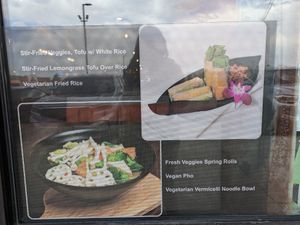 A few of their vegan options on the window. at Happy Pho in Littleton