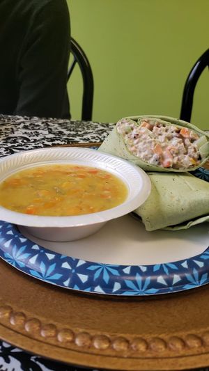 Butternut squash soup and Hallelujah wrap (chicken salad) at Eden's Vegans in Raleigh