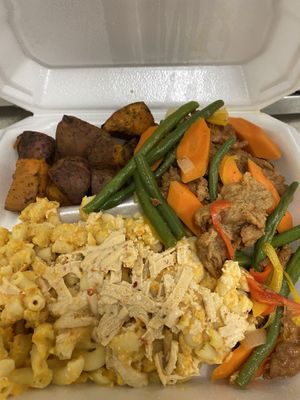 BBQ ribs with veggies, roasted sweet potatoes, and Mac-un-cheese at Eden's Vegans in Raleigh