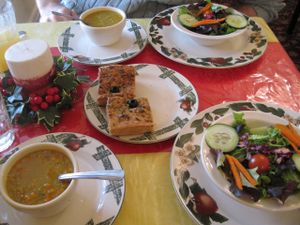 Up first: Salad, soup, bread.  at Eden's Vegans in Raleigh