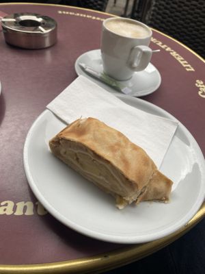 Apfelstrudel und Cappuccino mit Hafermilch  at Im Literaturhaus in Nuremberg
