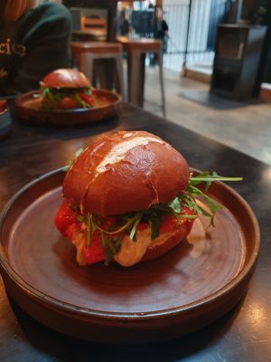 Smoke Vegan Club on a pretzel bun (ve) Hummous, pesto, vegan feta, roasted red peppers, and rocket. #Veganuary at Smoke  in Wilmslow