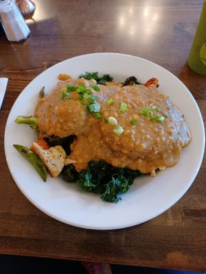 Biscuits and gravy over fresh vegetables 😋 at Harlow in Portland
