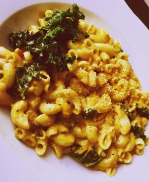 The famous mac and cheese, with kale and hazelnut milk at Harlow in Portland