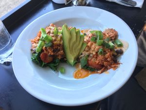 mercy plate with jackfruit and side avocado at Harlow in Portland