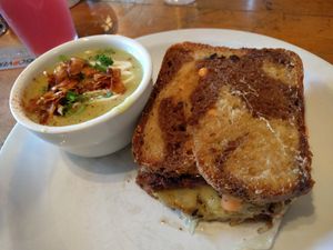 Vegan Reuben Sandwich with soup at Harlow in Portland