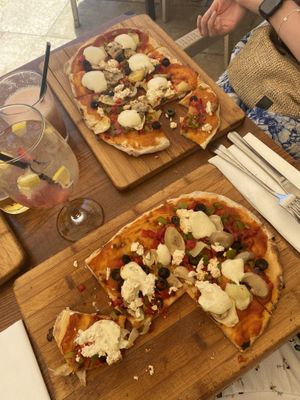 Two vegan pizzas   at La Plaza Malaga - Calle Alcazabilla in Malaga