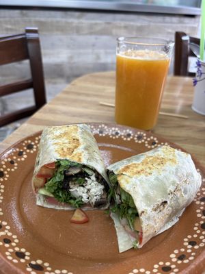 Burito and Agua de fruta  at Roots in Mexico City