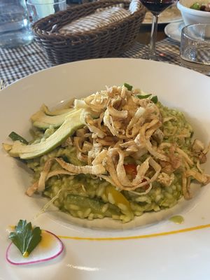 Vegan risotto with mixed vegetables, seitan, avocado and crispy onion.  at Gostilna GROF in Vransko