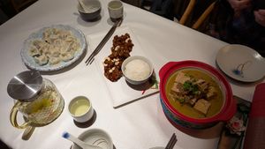 Dumplings, Kung pao, stewed tofu & mushroom at Liansu World in Beijing