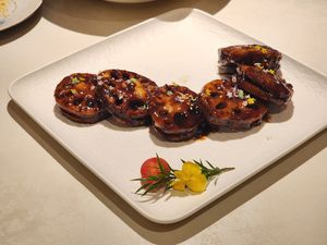Fried lotus root and mushroom with sweet and sour sauce at Liansu World in Beijing