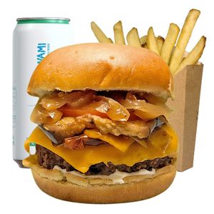 
Smilemenù: Potato bun, Burger, Caramelized onion, Cheddar, Grilled aubergines, Mayo sauce, Grilled peppers, Grilled courgettes. Served with airfired chips and water at Plant Bun in Asti