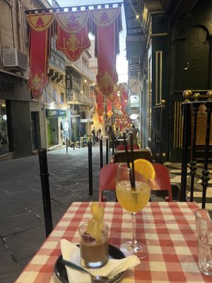 vegan mousse au chocolat and street view  at Cafe Jubilee  in Valletta