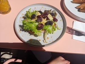 Vegan toast with beetroot and black berries at Karamelli Brunch Cafe in Ir-rabat Ghawdex