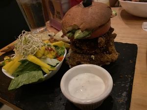 Oyster fried chicken burger at Arbol de Seda in San Jose