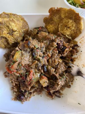Caribbean rice and beans with patacones.  at Arbol de Seda in San Jose
