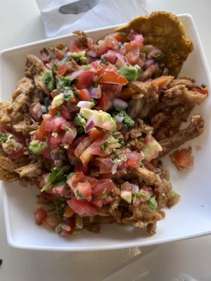 Soyfrijo their version of chifrijo. Rice, beans, pico de gallo and “chicharrón.“  at Arbol de Seda in San Jose