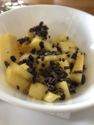 Fruit bowl with cacao  at Arbol de Seda in San Jose