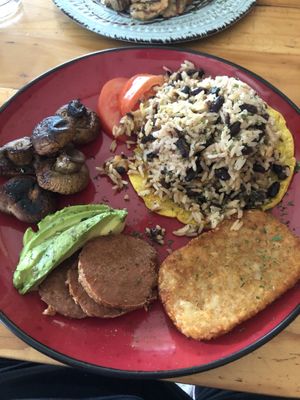 Beans n rice with hash brown and vegan ham at Arbol de Seda in San Jose
