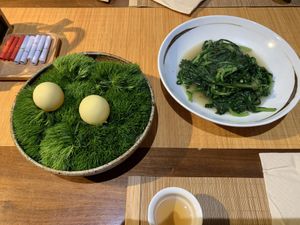 Vegan white chocolate with a passion fruit juice filling (eat whole!). Leafy veg “banlangen"  at Qing Ya Cha Su - 青雅茶素 in Hangzhou
