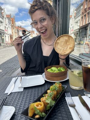 Obvious enthusiasm 😆  at Ama Tibetan Mom's Kitchen in Bruges