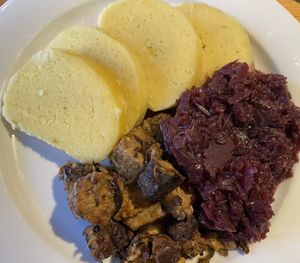 Vegan Seitin, potato pancakes and cabbage.   at Sicily Cafe in Prague