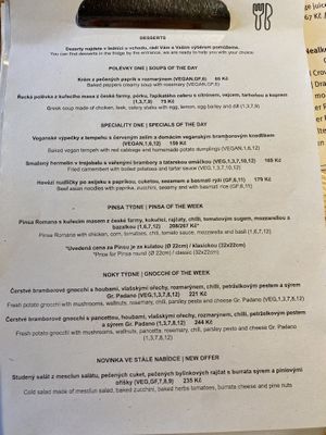 Today’s menu 5/25/23. The pepper soup, tempeh with potato dumplings were super.  at Sicily Cafe in Prague