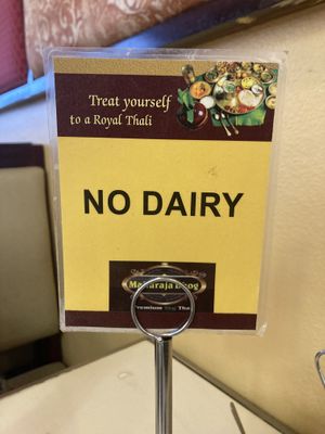 Sign on our table so the staff would be sure to only serve us vegan items  at Maharaja Bhog in Houston