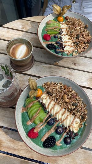 Popeye bowl, capuccino and strawberry matcha  at Eleven 11:11 Eleven in Hamburg