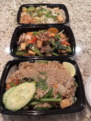Pad Thai, spicy basil tofu and basil fried rice   at Kin Khao Thai & Sushi Bar in Valparaiso