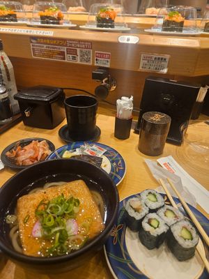 Kistune Udon. Cucumber shisp roll. Eggplant roll. at Daiki Suisan Kaiten Sushi - Tenmabashi branch in Osaka