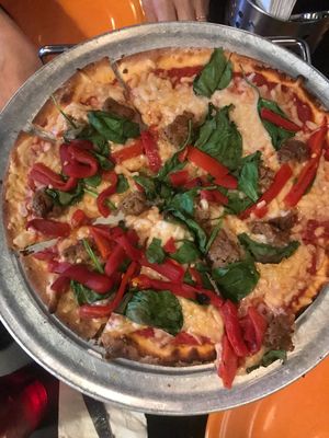 GF crust, vegan cheese, vegan meatballs, spinach, basil, and roasted reds   at Flying Saucer Pizza Company in Salem