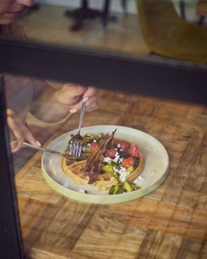 Roasted Tomatoes, Fetta Waffle at Morning People in Marbella