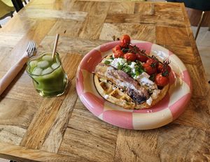 roasted tomatoes & feta waffle (vegan) at Morning People in Marbella