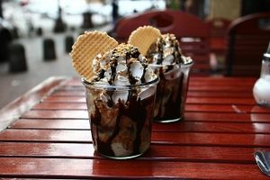Vegan chocolate and nut sundaes  at Surf Shop Roastery in Hamburg