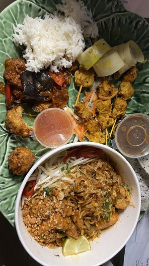 Tofu Pad Thai. Aubergine curry. Satay. Corn fritters  at Banana Tree - Westbourne Grove in West London