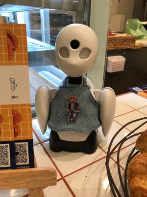An OriHime Robot. The challenged are able to work remotely as store staff by operating this avatar robot with their PC. at La Vigne Akiko - Sunshine City in Tokyo