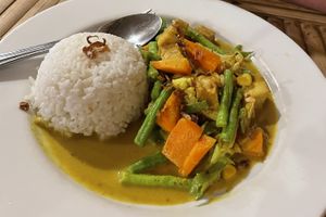 Balado with tempeh, tofu and ricee  at Warung Licung Bamboo in 