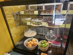 Dessert display, vegan choice today was banna bread at Kaktus Coffee & Booze in Sliema