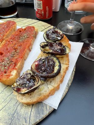Tomato and eggplant-blueberry jam bruschette  at La Polse Osteria Caffe in Udine