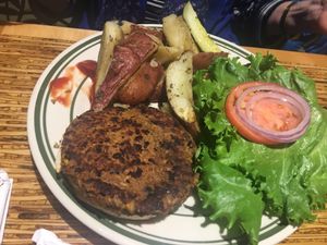 Vege burger with roasted potatoes at MSP - French Meadow Bakery & Cafe - T1 in Minneapolis