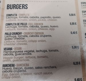 Carta de hamburguesas at Villa Bella in Pontevedra