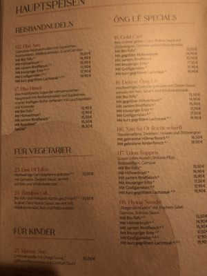 Speisekarte Hauptgerichte Reisbandnudeln, Specials / menu main dishes with rice noodles, specials  at Ông Lê in Straubing