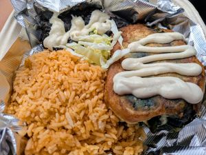 Chile rellano, rice, beans at Vegano Mexicano in Portland