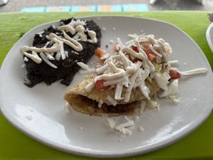 “mini” quesadilla served with a generous side of black beans!  at Vegano Mexicano in Portland