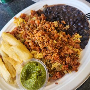 Platter with Yucca, beans and TVP "meat" at Doggie Style in Rehoboth Beach