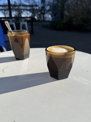 Oat milk cortado and pumpkin seed milk coffeee  at Our Spot in Portland