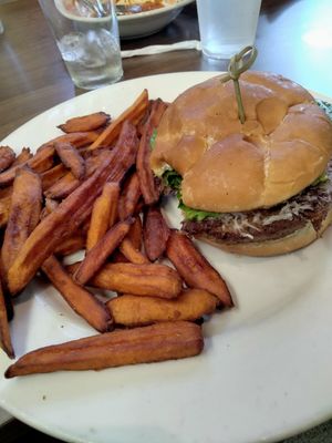 Impossible burger, vegan cheese. It had Burger sauce, when I asked if there was mayo in it they remade it without the sauce. at Sparky's Landing in Mount Shasta