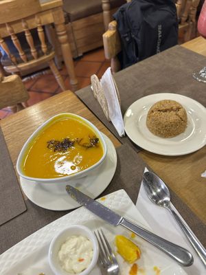 Pumpkin soup with side of coconut rice  at Life is Good Cartagena in Bolivar