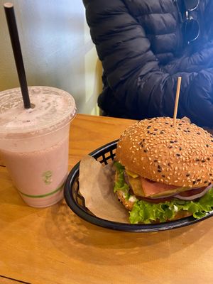 Bbq chicken burger and strawberry milkshake  at Gorilla Kitchen - Civic in Auckland